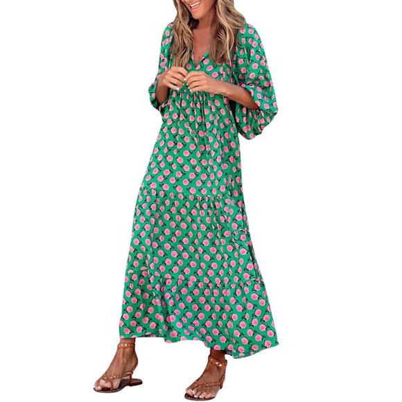 Boho Floral Puff Sleeve Tiered Maxi Dress Casual Layered Dress - Picture 3 of 14